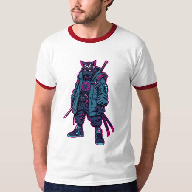 Cyberpunk Samurai Cat Neon Anime Art T-Shirt (Front)