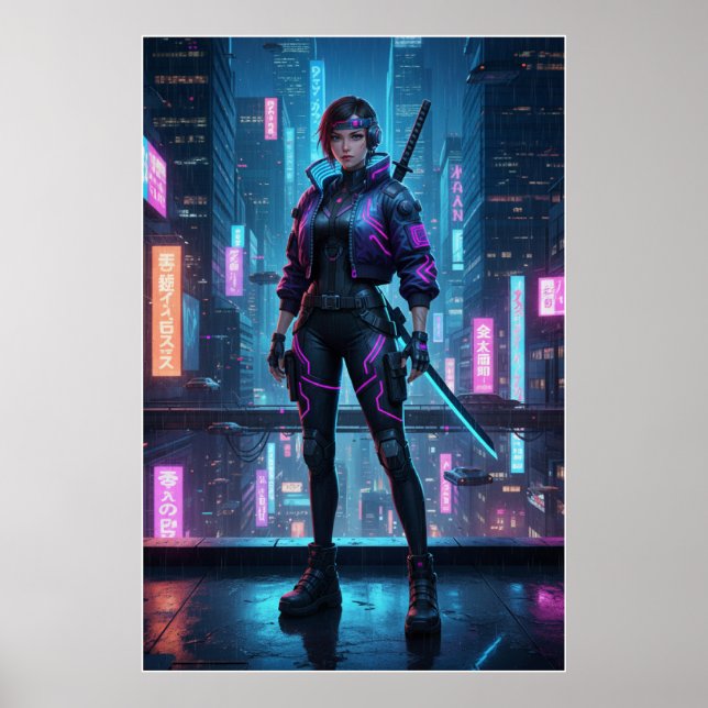 Cyberpunk Samurai Girl | Neon City Warrior Poster (Front)
