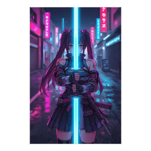 Cyberpunk Samurai Girl Neon Katana Anime Photo Print