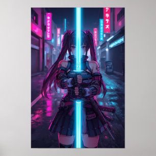 Cyberpunk Samurai Girl Neon Katana Anime Poster