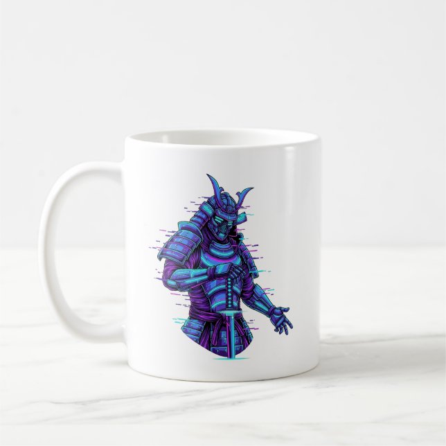 Cyberpunk Samurai in Neon Glow Coffee Mug (Left)