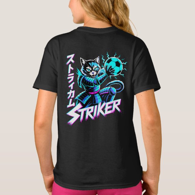 Cyberpunk Samurai Striker Cat For Gamers & Soccer  T-Shirt (Back)