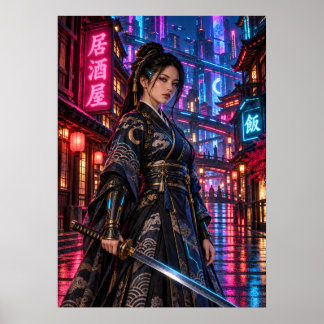 Cyberpunk Samurai Woman Japanese Neon Wall Art