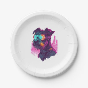 Cyberpunk Schnauzer � Futuristic Neon Dog Paper Plate
