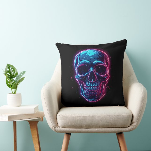 Cyberpunk Skull Neon Synthwave Glow Gamer Goth Cushion (Chair)