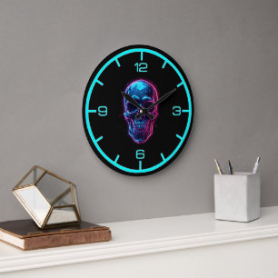 Cyberpunk Skull Neon Synthwave Glow Gamer Goth Large Clock