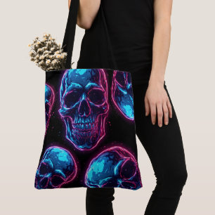 Cyberpunk Skull Neon Synthwave Glow Gamer Goth Tote Bag