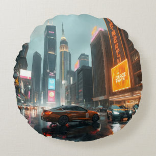 Cyberpunk Skyscrapper City Cars Round Cushion