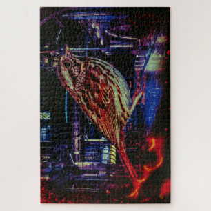 Cyberpunk Sparrow in Neon Cityscape Jigsaw Puzzle