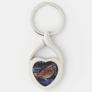 Cyberpunk Sparrow in Neon Cityscape Key Ring