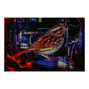 Cyberpunk Sparrow in Neon Cityscape Poster