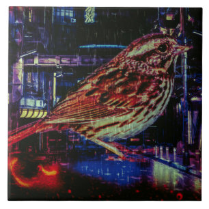 Cyberpunk Sparrow in Neon Cityscape Tile
