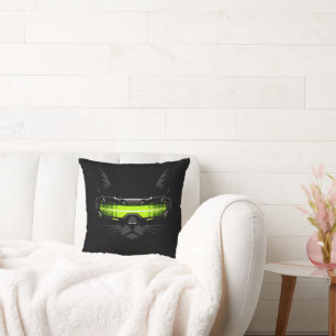 Cyberpunk Stealth Cat Neon Green Gaming Room Throw Cushion
