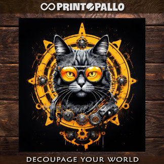 Cyberpunk steampunk cat with glasses - Decoupage  Wrapping Paper Sheet