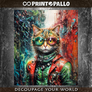 Cyberpunk stray cat in leather jacket and goggles tissue paper