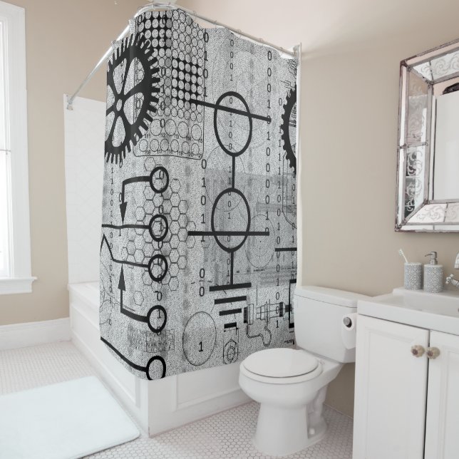 Cyberpunk Tech Geek Gear Electronic Engineer Math Shower Curtain (In Situ)