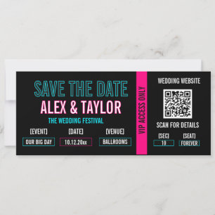 Cyberpunk Ticket Stub Save the Date Neon Wedding Invitation