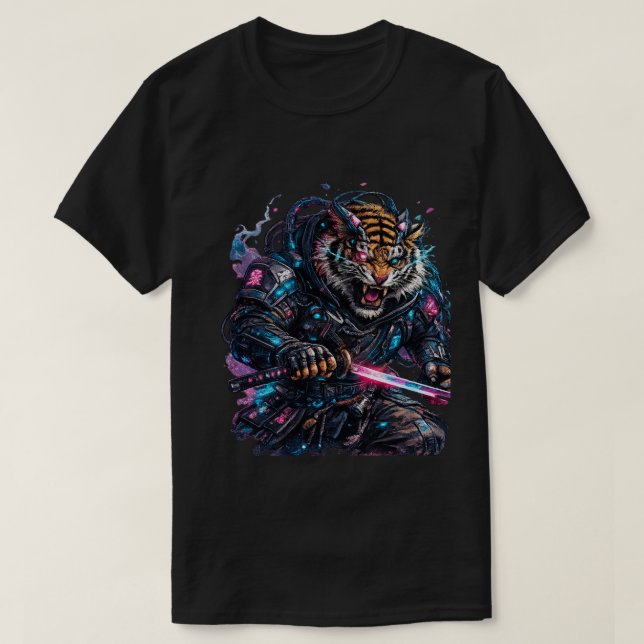 Cyberpunk Tiger Samurai Futuristic Katana Tee (Design Front)