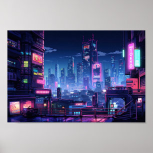 Cyberpunk Tokyo Rooftop City Poster