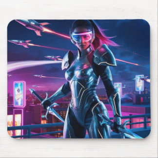 Cyberpunk Warrior Mouse Pad Neon Cityscape Design