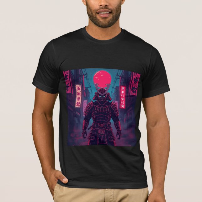 Cyberpunk Warrior Under Red Moon T-Shirt (Front)