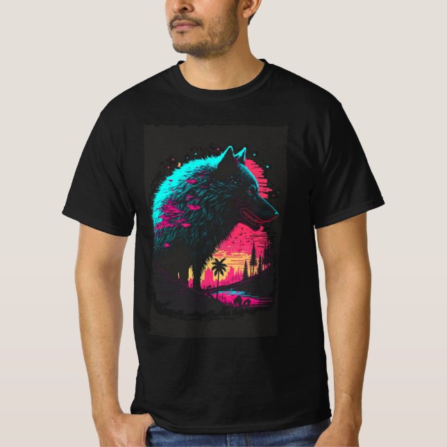 Cyberpunk Wolf Spirit – Neon Wilderness T-Shirt (Front)
