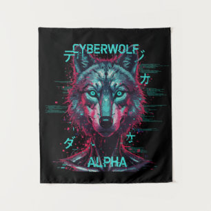 Cyberwolf Alpha   Futuristic Neon Cyberpunk Wolf  Tapestry