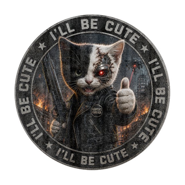Cyborg cat chopping board/I'll be cute glass board (Front)