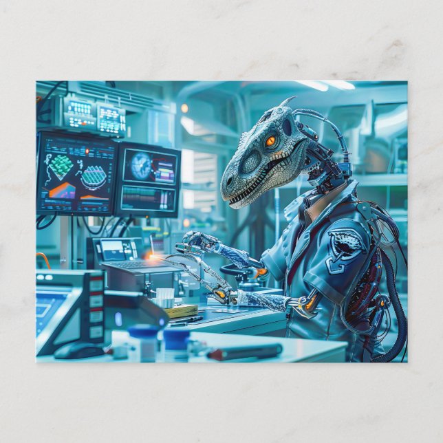 Cyborg Dinosaur at a High-Tech Workstation Holiday Postcard (Front)