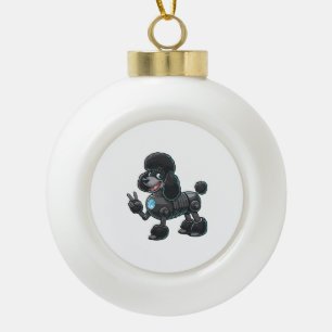 Cyborg Poodle Robot Peace Sign Ceramic Ball Christmas Ornament