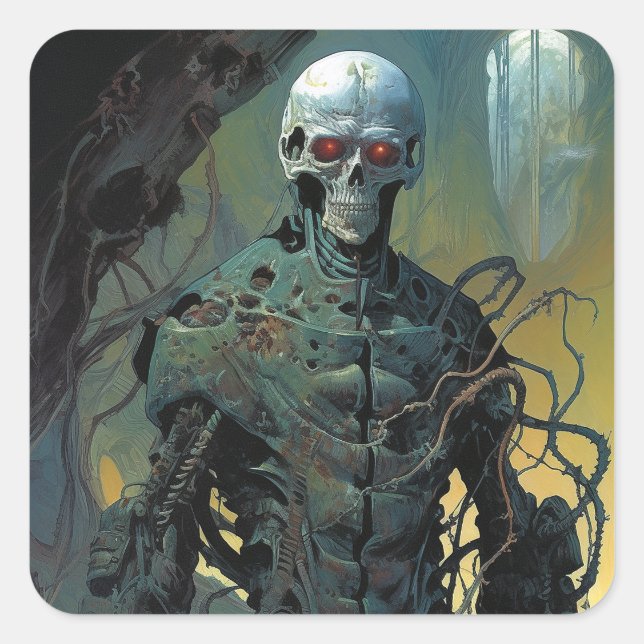 Cyborg Skeleton Futuristic Science Fiction Square Sticker (Front)