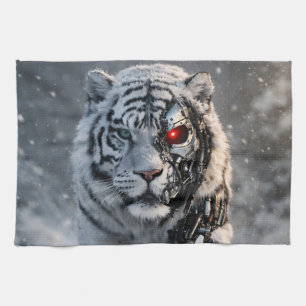 Cyborg white tiger kitchen towel, futuristic sci-f tea towel