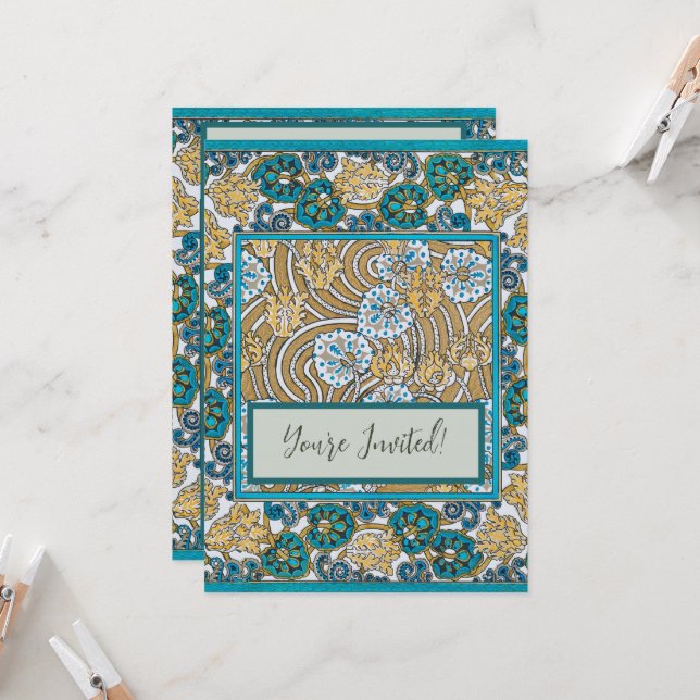 cyclamen blue art nouveau flower botanical invitation (Front/Back In Situ)