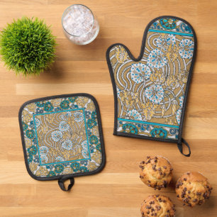 cyclamen blue art nouveau flower botanical oven mitt & pot holder set