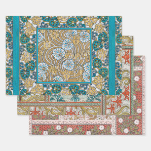 cyclamen blue art nouveau flower botanical wrapping paper sheet