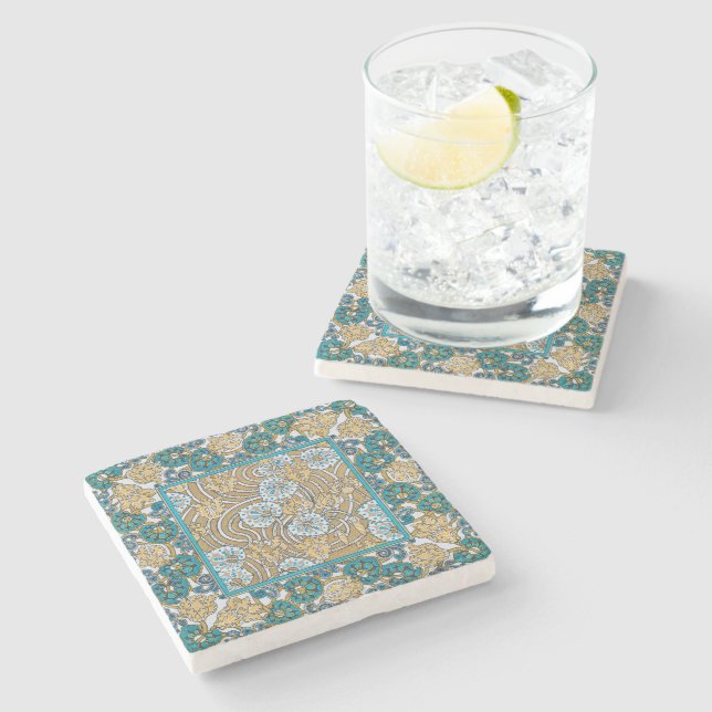 cyclamen blue art nouveau flower wallpaper  stone coaster (Side)