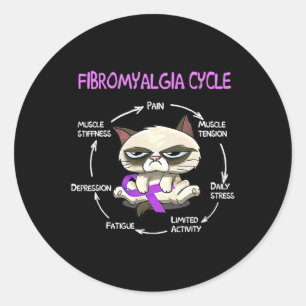 Cycle Cat Purple Ribbon Fibromyalgia Awareness 1 Classic Round Sticker