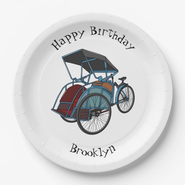 Cycle rickshaw cartoon illustration paper plate (Front)