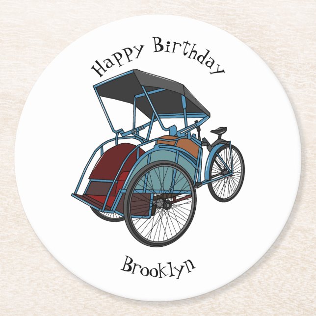 Cycle rickshaw cartoon illustration round paper coaster (Front)
