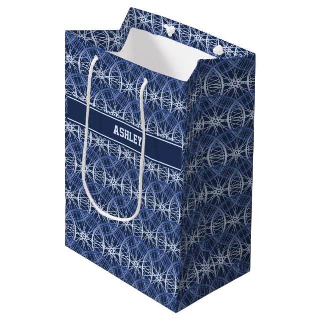Cycle wheel blue pattern custom name medium gift bag (Front Angled)