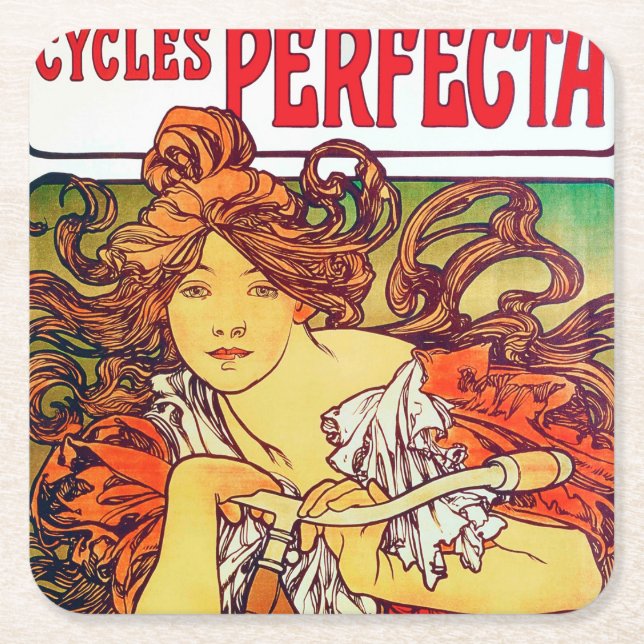 Cycles Perfecta, Mucha Square Paper Coaster (Front)