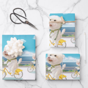 Cycling by the Sea: Smiling Bichon & Bao Bao Art Wrapping Paper Sheet