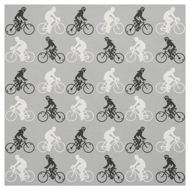 Cycling Cyclists Silhouette Pattern Black White Fabric (Swatch)