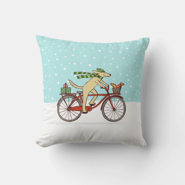 Cycling Dog and Squirrel Whimsical Winter Holiday Cushion (Front)