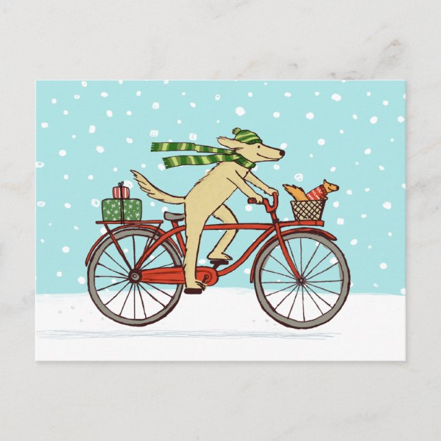 Cycling Dog and Squirrel Whimsical Winter Holiday Postcard (Front)