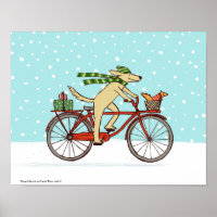Cycling Dog and Squirrel Whimsical Winter Holiday