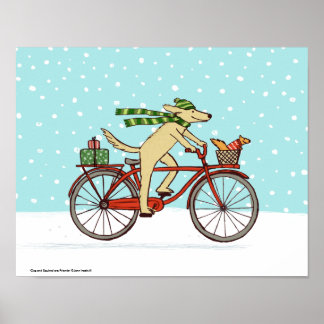 Cycling Dog and Squirrel Whimsical Winter Holiday Poster