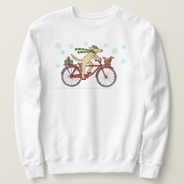 Cycling Dog and Squirrel Whimsical Winter Holiday Sweatshirt (Design Front)