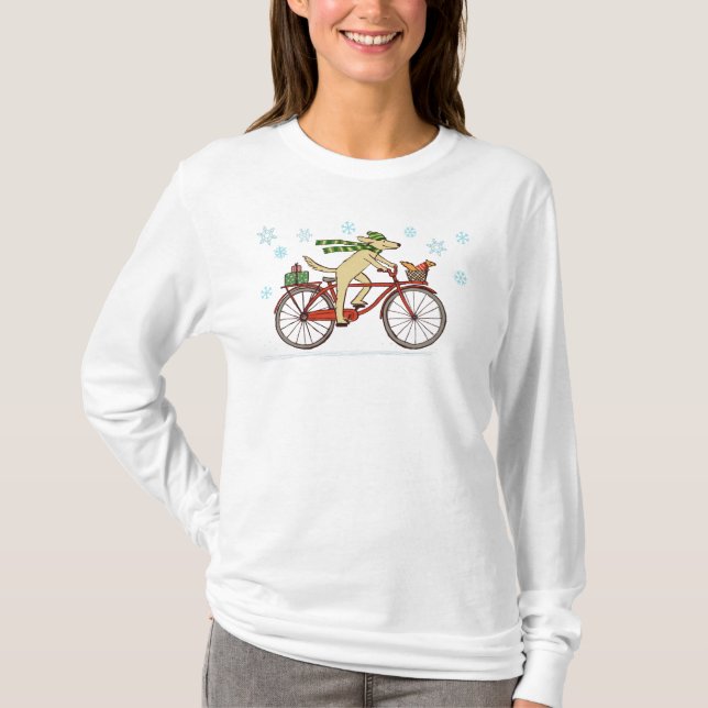Cycling Dog and Squirrel Whimsical Winter Holiday T-Shirt (Front)