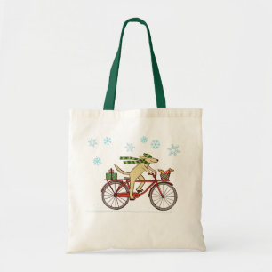 Cycling Dog and Squirrel Whimsical Winter Holiday Tote Bag